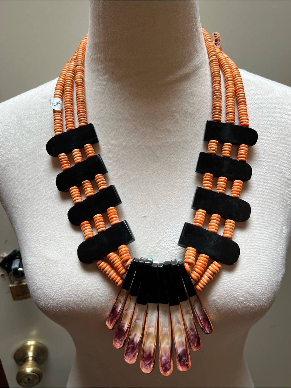 Three Strand Spiny Oyster Turquoise Mosaic Inlay Bib Necklace Delbert Crespin - Picture 8 of 11
